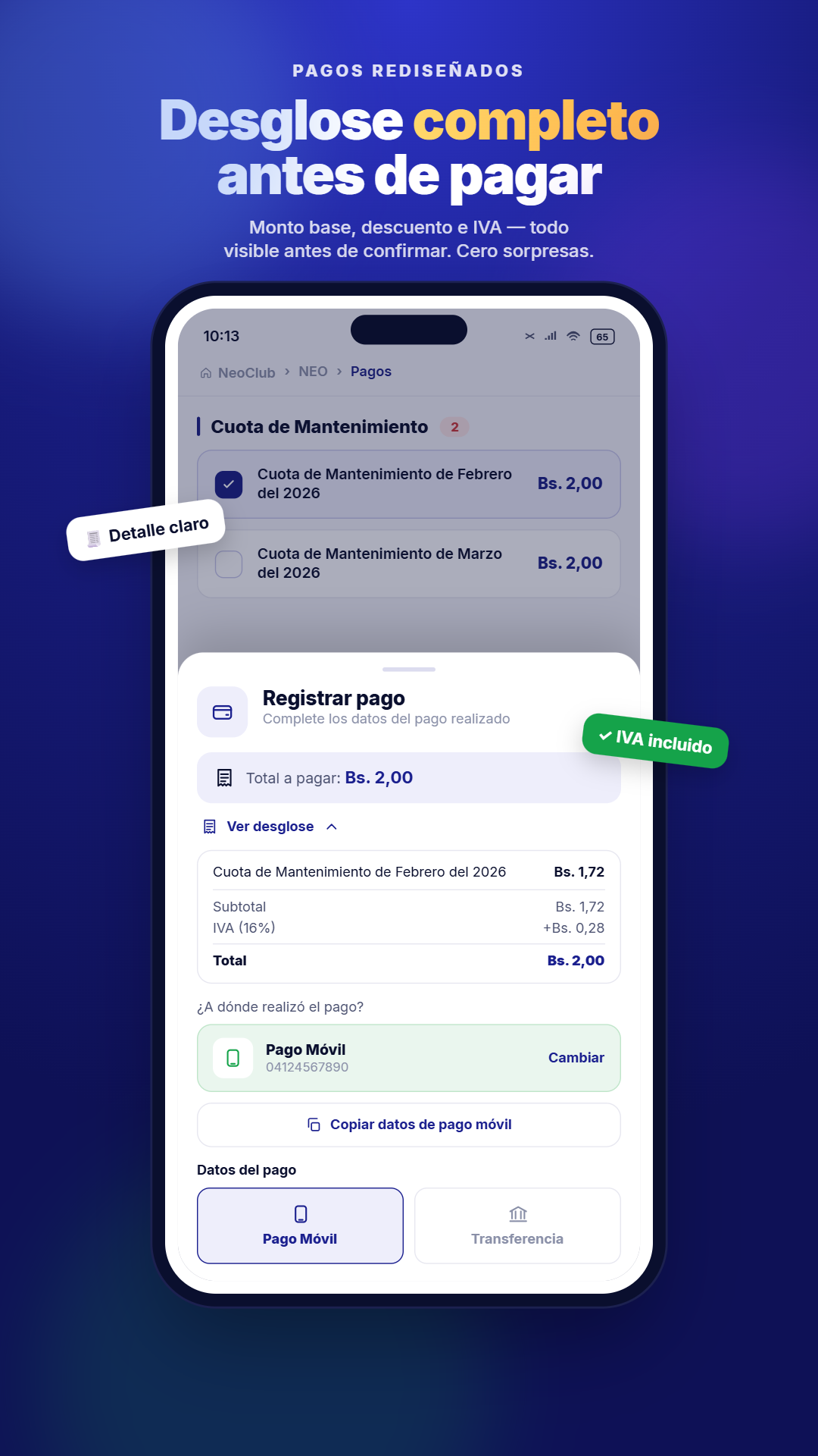 NeoCLUB App - Desglose de pago